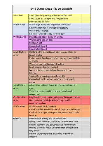 EYFS Outdoor end of day tidy checklist
