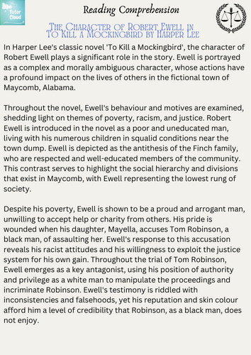 The Character of Robert Ewell in To Kill a Mockingbird by Harper Lee Reading Comprehension