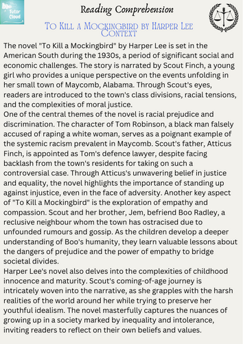 To Kill a Mockingbird by Harper Lee Context Reading Comprehension
