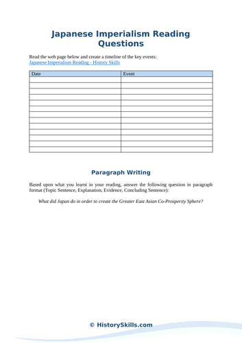 Japanese Imperialism Reading Questions Worksheet