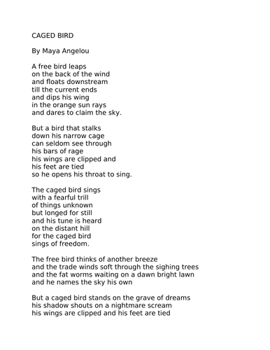 "Caged Bird" Maya Angelou literary analysis for GCSE English Literature