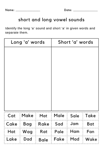 identifying long and short vowel sounds worksheets for kindergarten