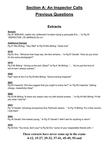 An Inspector Calls Practise Questions Booklet for Edexcel GCSE Drama