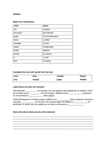 Spanish hobbies worksheet