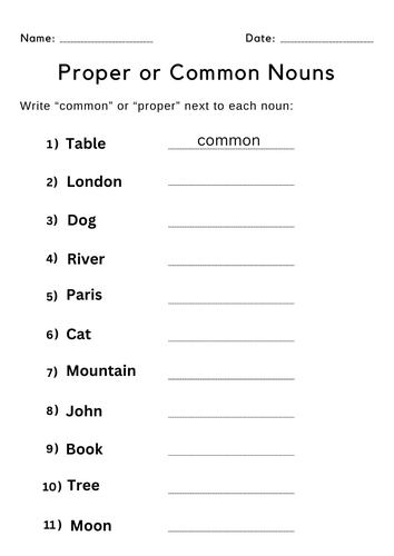 Printable common noun and proper nouns worksheet for grade 1