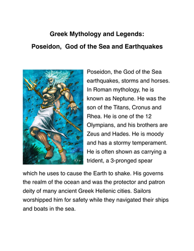 Greek Mythology and Legends: Poseidon,  God of the Sea and Earthquakes