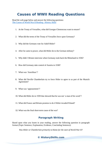 Causes of WWII Reading Questions Worksheet