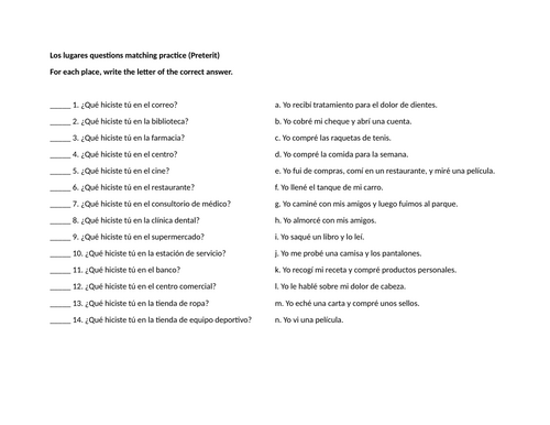 Los lugares questions matching practice (Preterit)