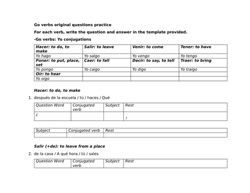 Go verbs original questions practice