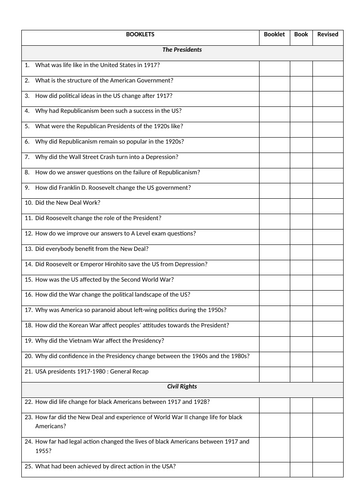 Year 12 In Search of the American Dream Revision Checklist