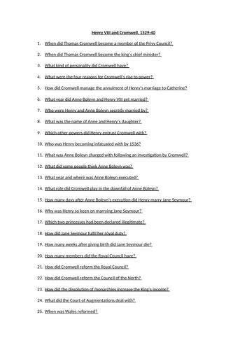 Edexcel GCSE Henry VIII Big Quiz Bundle