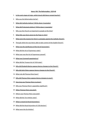 Henry VIII and the Reformation Big Quiz