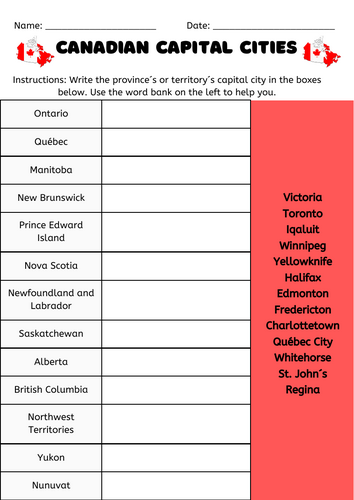 Worksheet - Canadian capital cities