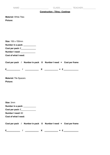 Construction - Tiling - Costings Worksheet