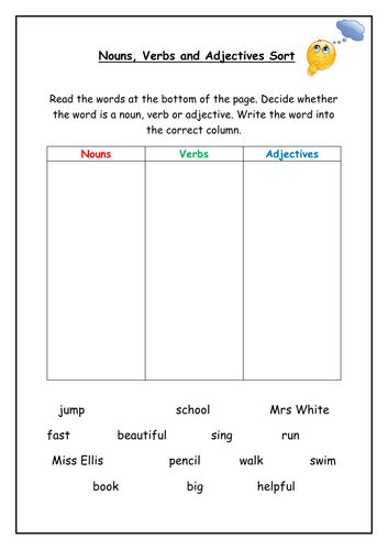 Nouns, Verbs and Adjective Sort (2 Levels)