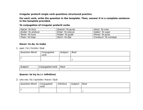 Irregular preterit single verb questions structured practice