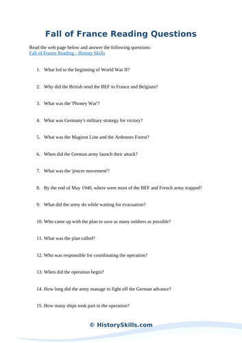 Fall of France in WWII Reading Questions Worksheet