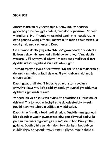 ADNODD DYSGU: CYMRAEG IAITH GYNTAF BLWYDDYN 3 a 4; STORI JOB(Y BEIBL)