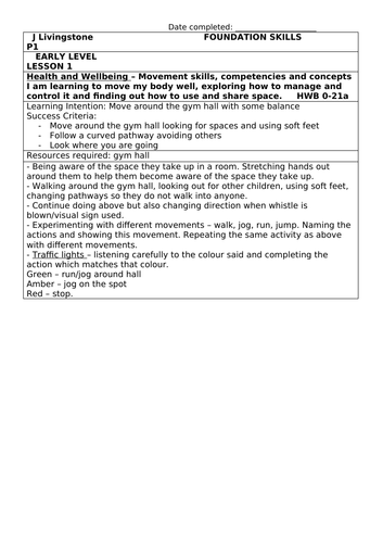 P1 Foundation Skills Lesson Planning 6 week block