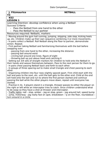 Y3 Netball Lesson Planning 6 week block