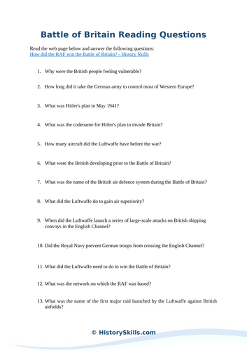 Battle of Britain Reading Questions Worksheet