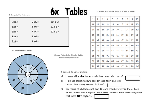 6x Tables Multiplication Worksheet