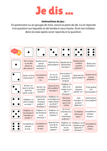 Dice game for Beginner French studnents - Je dis ...