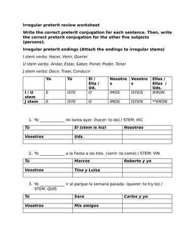 Irregular preterit review worksheet