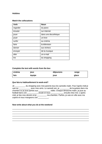 French hobbies worksheet