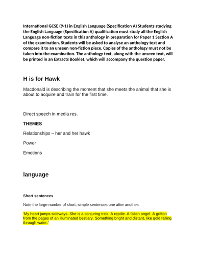 iGCSE ENGLISH LANGUAGE revision sheet "H is for Hawk"