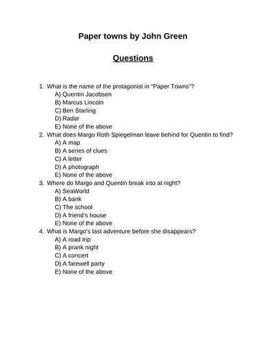 Paper towns by John Green. 30 multiple-choice questions (Editable)