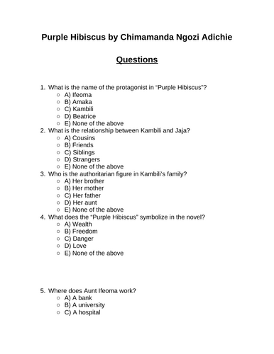 Purple Hibiscus. 30 multiple-choice questions (Editable)