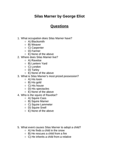 Silas Marner. 30 multiple-choice questions (Editable)
