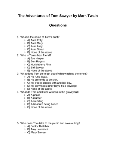 The Adventures of Tom Sawyer. 30 multiple-choice questions (Editable)