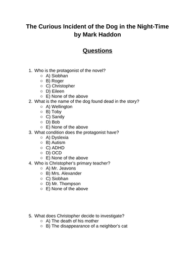 The Curious Incident of the Dog in the Night-Time. 30 multiple-choice questions (Editable)