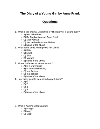 The Diary of a Young Girl. 30 multiple-choice questions (Editable)