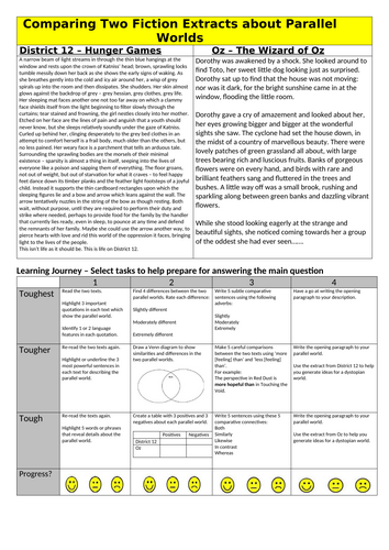 Comparing two fiction extracts cover worksheet
