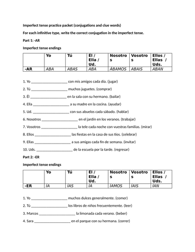 Imperfect tense practice packet (conjugations and clue words)