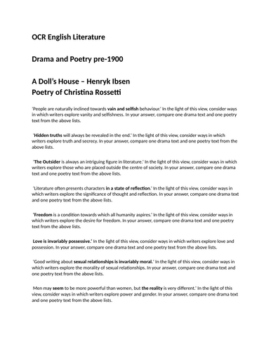 Drama and Poetry pre-1900  exam questions A Doll’s House – Henryk Ibsen Poetry of Christina Rossetti