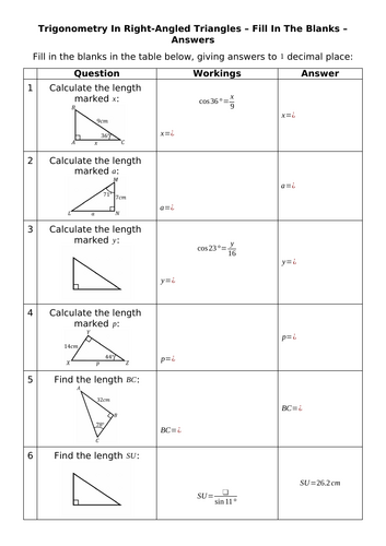 Trigonometry In Right-Angled Triangles - Fill In The Blanks