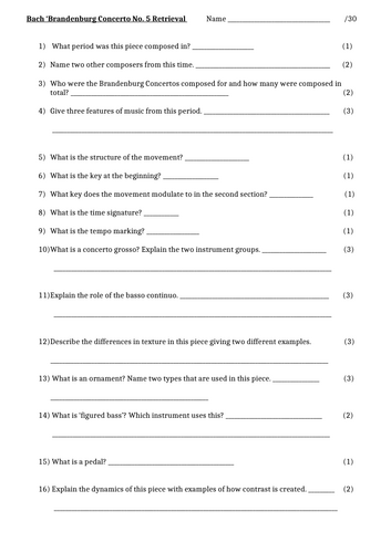 GCSE EDEXCEL Brandeburg Concerto Bach No.5  Mvt 3 short question quiz/test