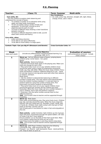 P.E Year 1 Multi skills weekly plan