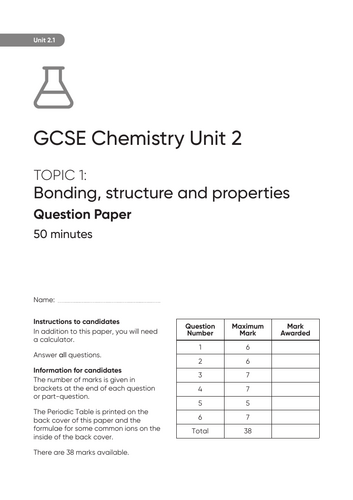 WJEC GCSE Chemistry Unit 2.1 Bonding, structure and properties — Sample Question booklet