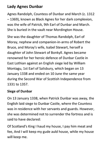 Lady Agnes Dunbar Handout