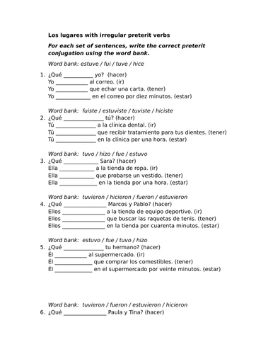 Los lugares with irregular preterit verbs