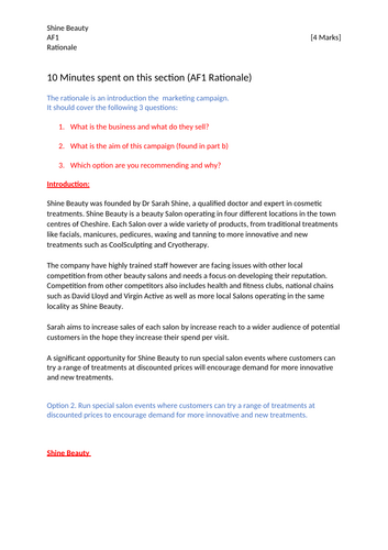 BTEC Business. Unit 2. Shine Beauty. AF1 Rationale. Exemplar Response. Distinction*