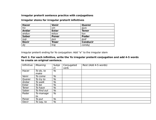 Irregular preterit sentence practice with conjugations