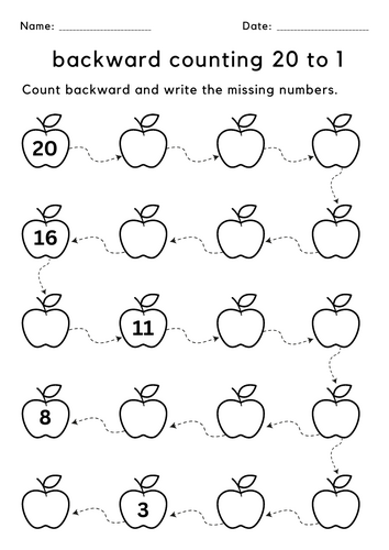 Printable missing number backward counting 20 to 1 worksheet for kindergarten