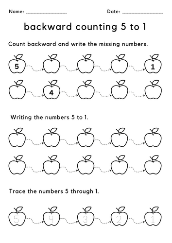 Printable missing number backward counting 5 to 1 worksheet for kindergarten