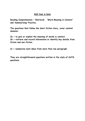 KS2 SATS Practice Reading Comprehension - Retrieval/Meaning/Summary 2a/2b/2c